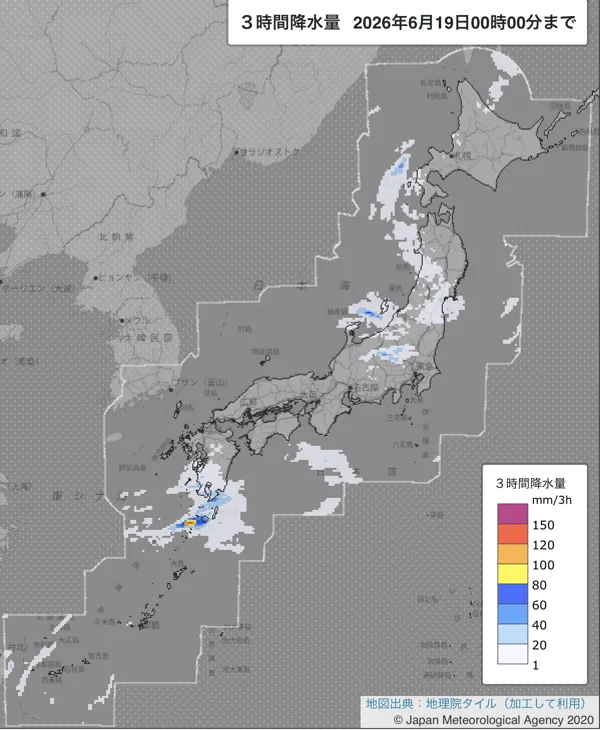 2026年6月18日21〜24時の日本周辺の3時間解析降水量