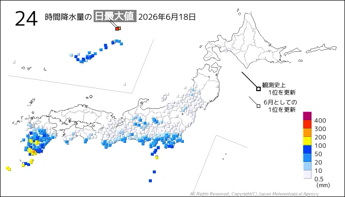 日本のアメダス24時間最大降水量の図