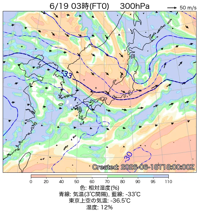 2026年6月19日の日本周辺の300hPa天気図（3時）