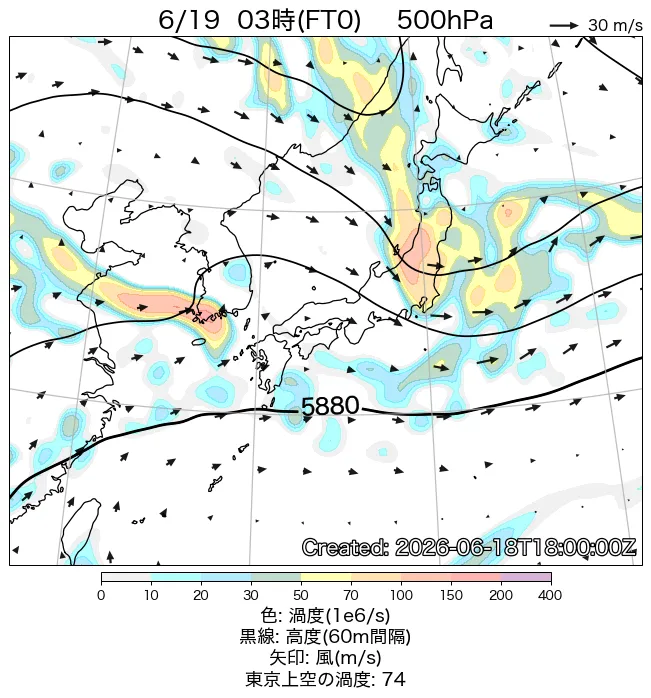 2026年6月19日の日本周辺の500hPa天気図（3時）