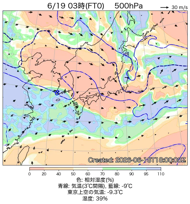 2026年6月19日の日本周辺の500hPa天気図（3時）