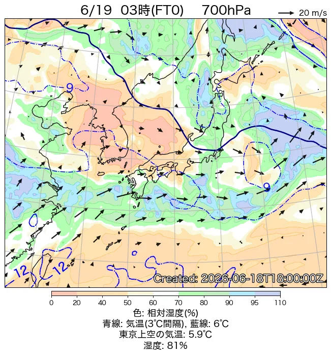 2026年6月19日の日本周辺の700hPa天気図（3時）