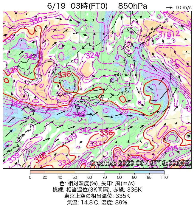 2026年6月19日の日本周辺の850hPa天気図（3時）