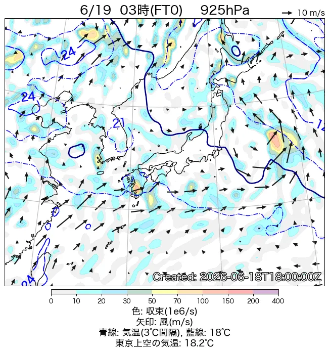 2026年6月19日の日本周辺の925hPa天気図（3時）