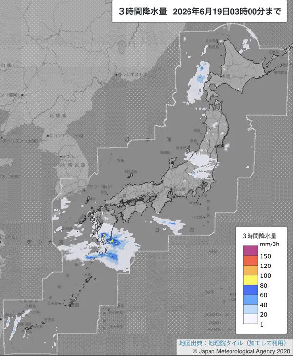 2026年6月19日0〜3時の日本周辺の3時間解析降水量