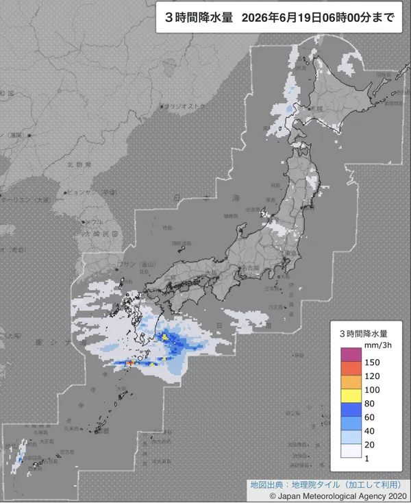 2026年6月19日3〜6時の日本周辺の3時間解析降水量