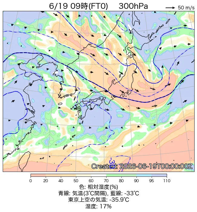 2026年6月19日の日本周辺の300hPa天気図（9時）