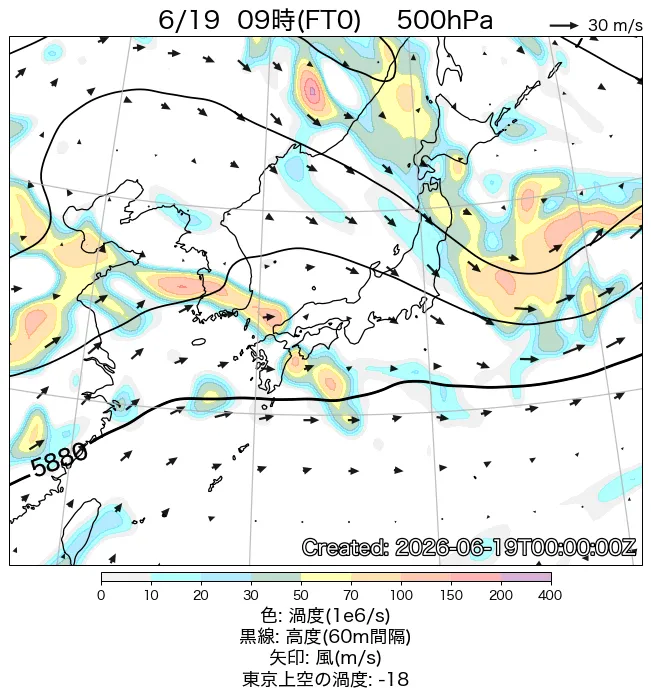 2026年6月19日の日本周辺の500hPa天気図（9時）