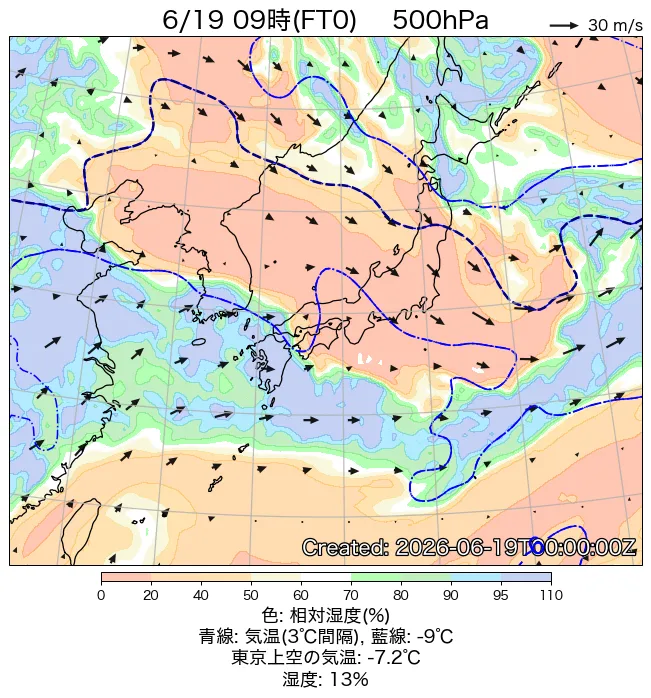 2026年6月19日の日本周辺の500hPa天気図（9時）