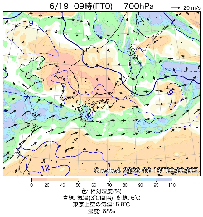 2026年6月19日の日本周辺の700hPa天気図（9時）