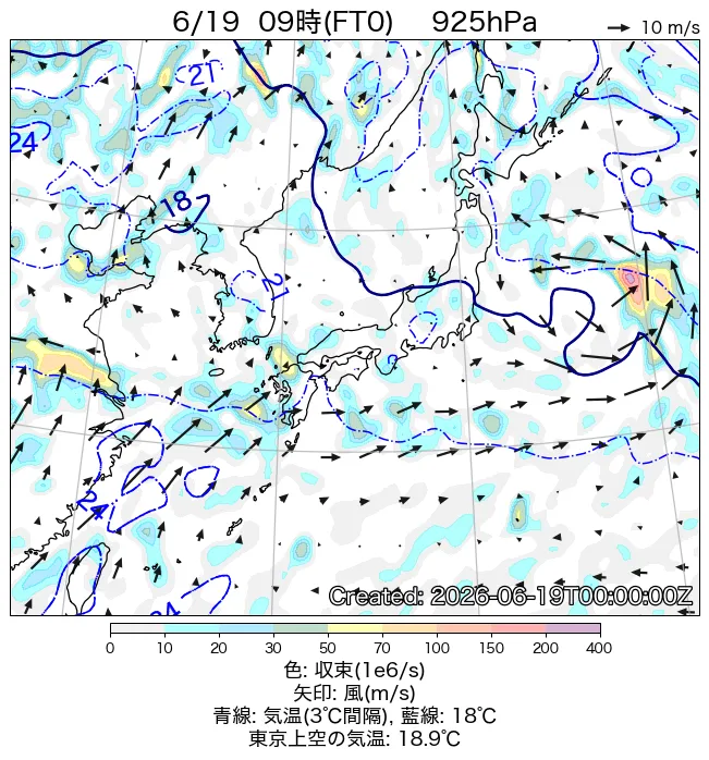2026年6月19日の日本周辺の925hPa天気図（9時）