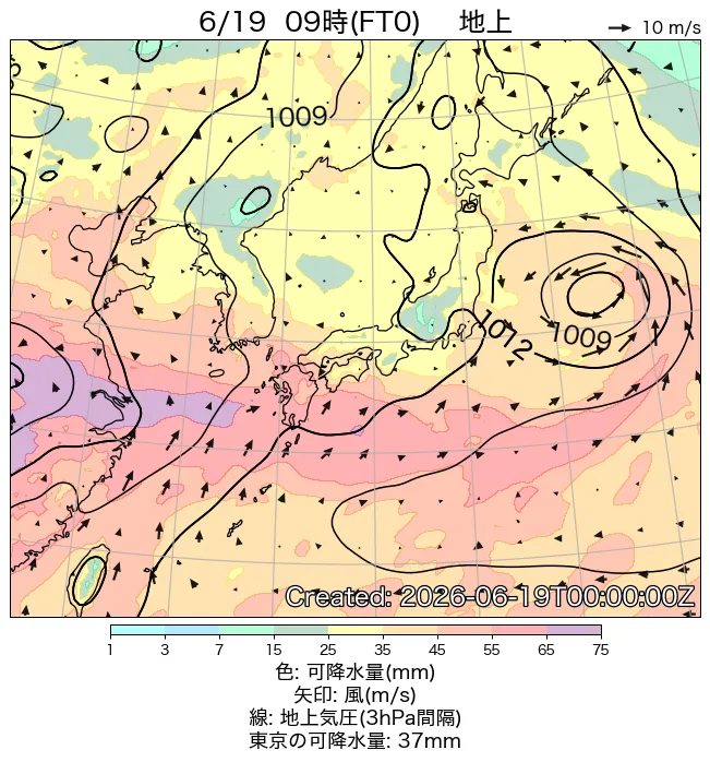 2026年6月19日の日本周辺の地上天気図（9時）