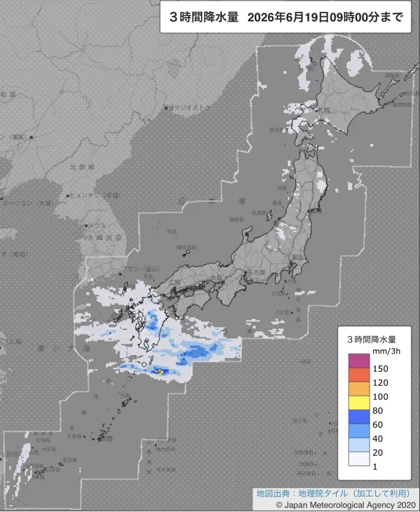 2026年6月19日6〜9時の日本周辺の3時間解析降水量