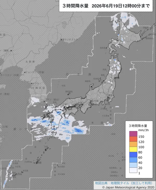2026年6月19日9〜12時の日本周辺の3時間解析降水量