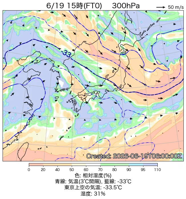 2026年6月19日の日本周辺の300hPa天気図（15時）