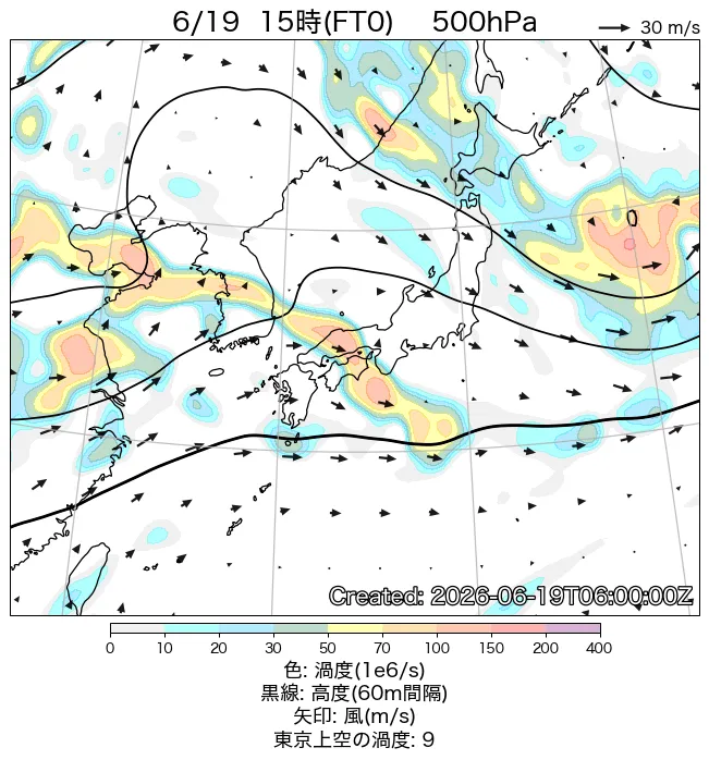 2026年6月19日の日本周辺の500hPa天気図（15時）