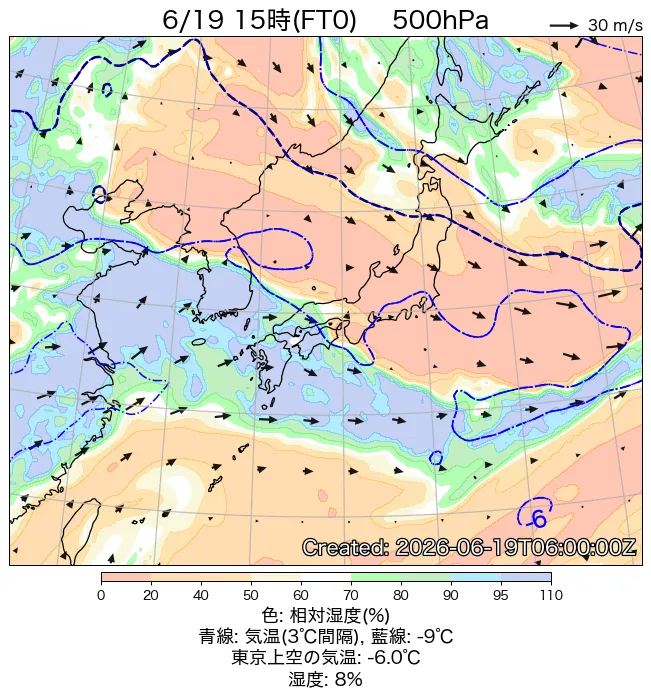 2026年6月19日の日本周辺の500hPa天気図（15時）