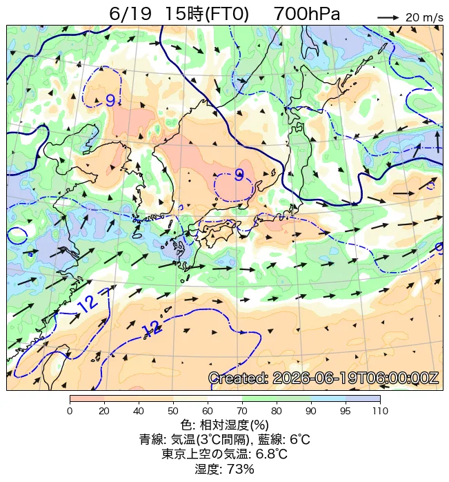 2026年6月19日の日本周辺の700hPa天気図（15時）