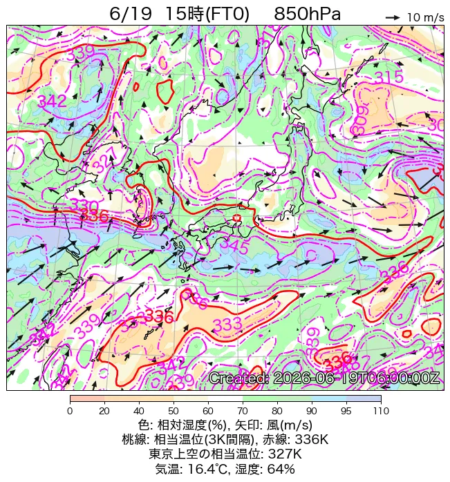 2026年6月19日の日本周辺の850hPa天気図（15時）