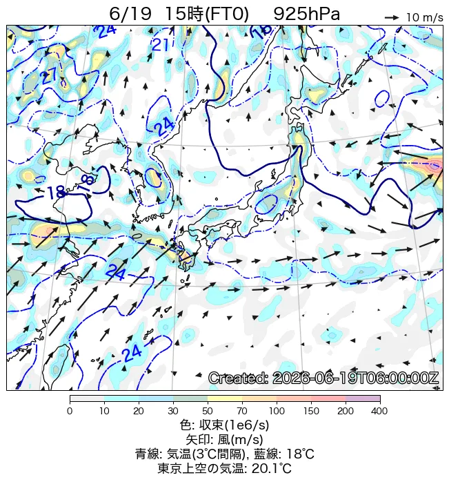 2026年6月19日の日本周辺の925hPa天気図（15時）