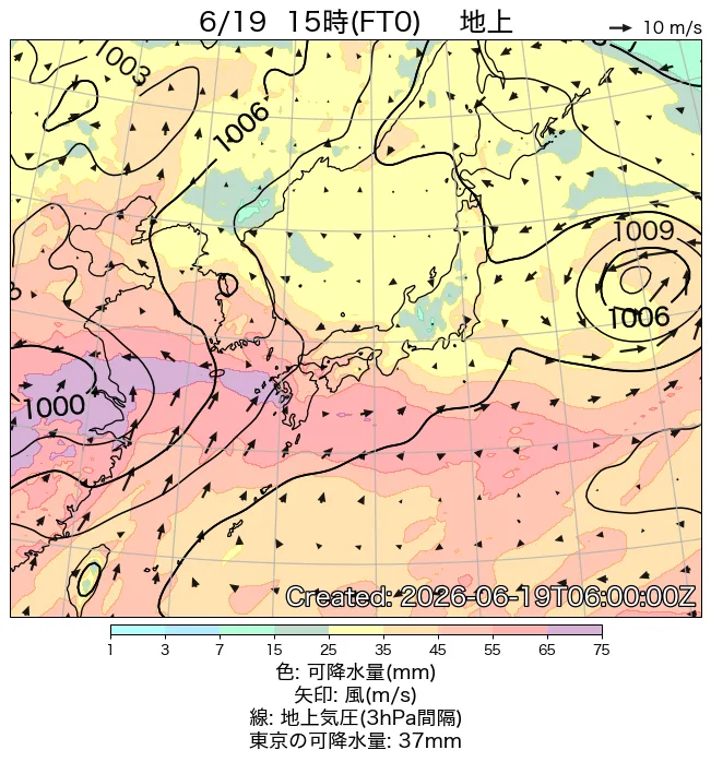 2026年6月19日の日本周辺の地上天気図（15時）
