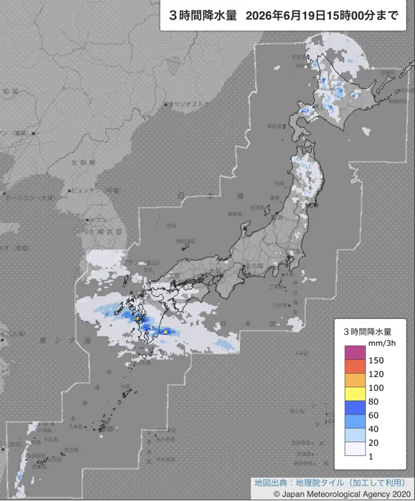 2026年6月19日12〜15時の日本周辺の3時間解析降水量
