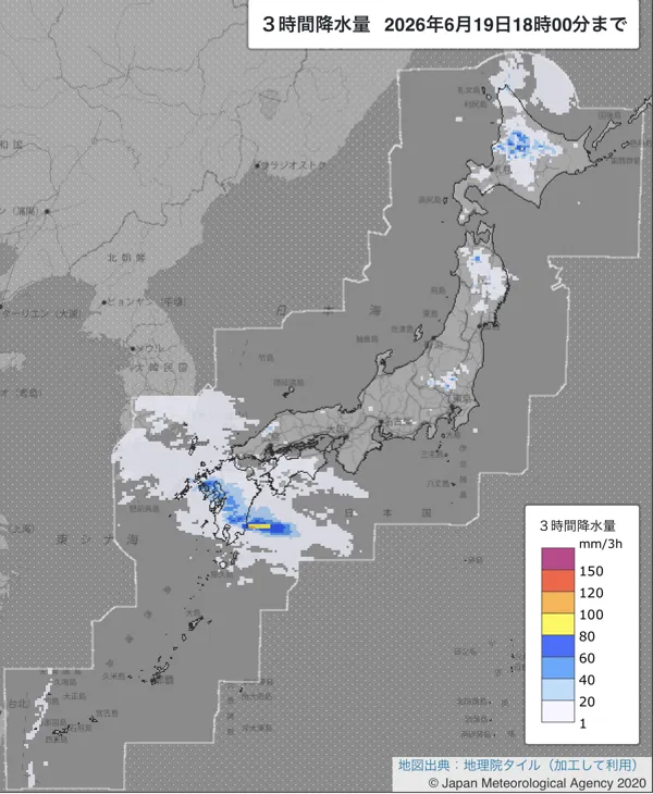 2026年6月19日15〜18時の日本周辺の3時間解析降水量