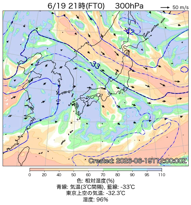 2026年6月19日の日本周辺の300hPa天気図（21時）