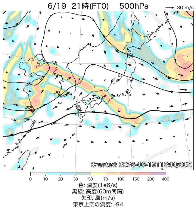 2026年6月19日の日本周辺の500hPa天気図（21時）