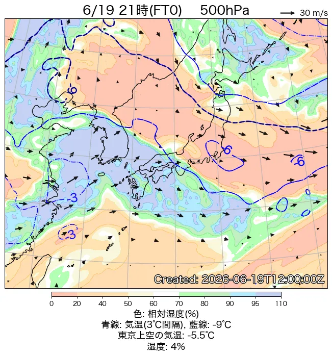 2026年6月19日の日本周辺の500hPa天気図（21時）