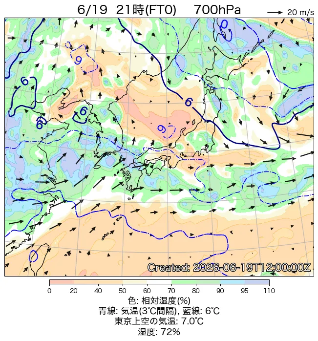 2026年6月19日の日本周辺の700hPa天気図（21時）