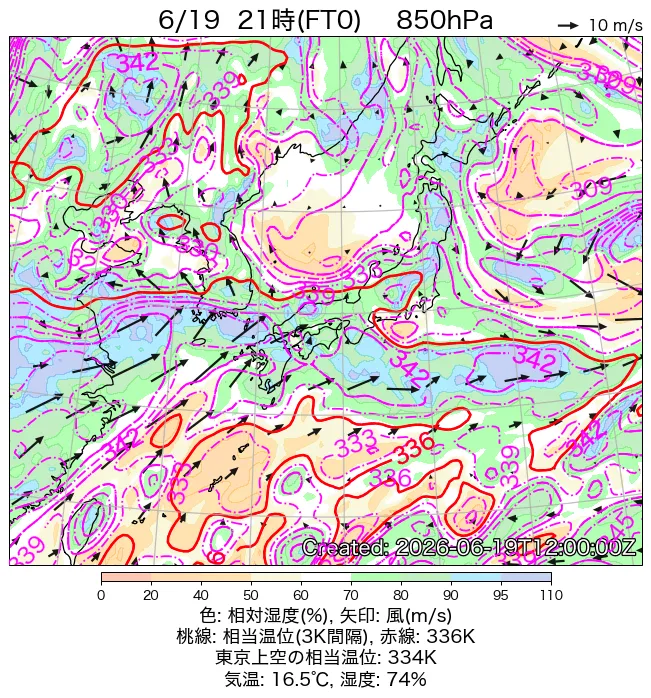 2026年6月19日の日本周辺の850hPa天気図（21時）