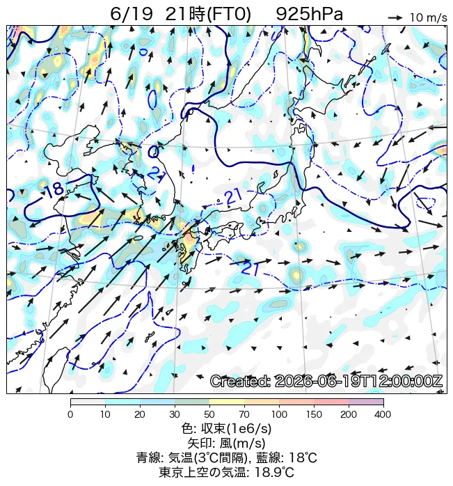 2026年6月19日の日本周辺の925hPa天気図（21時）