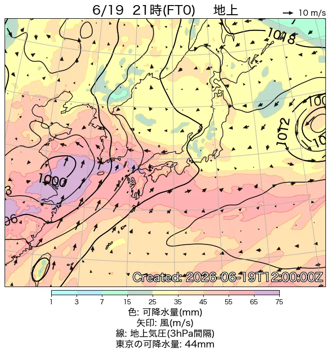 2026年6月19日の日本周辺の地上天気図（21時）