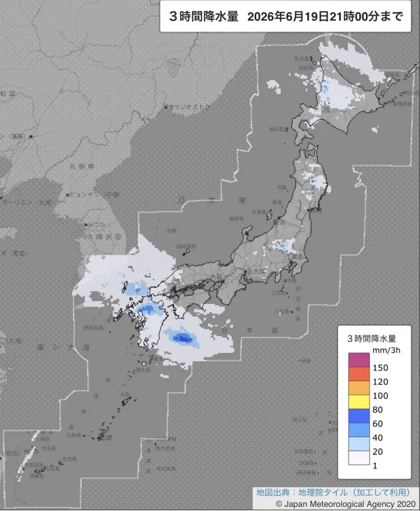 2026年6月19日18〜21時の日本周辺の3時間解析降水量