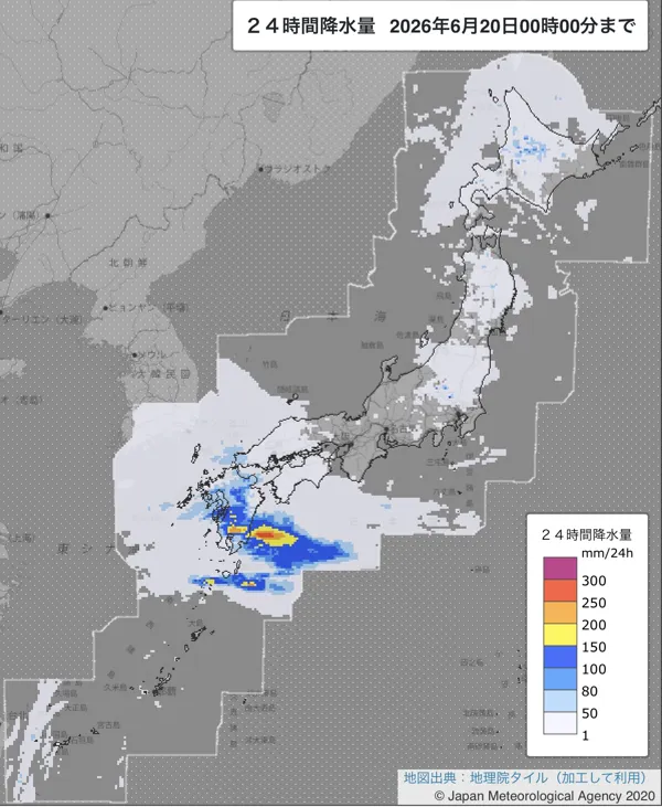 2026年6月19日の日本周辺の日解析雨量の図