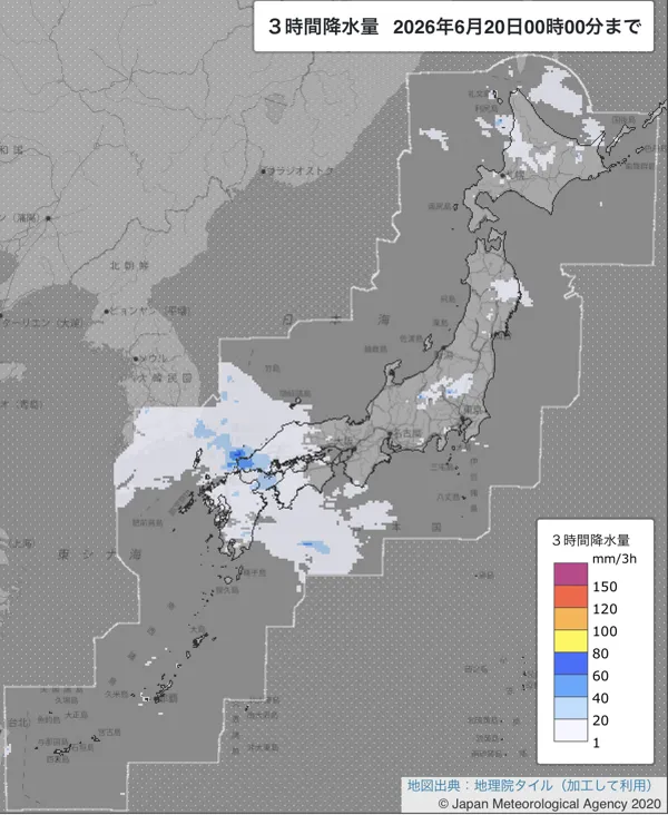 2026年6月19日21〜24時の日本周辺の3時間解析降水量