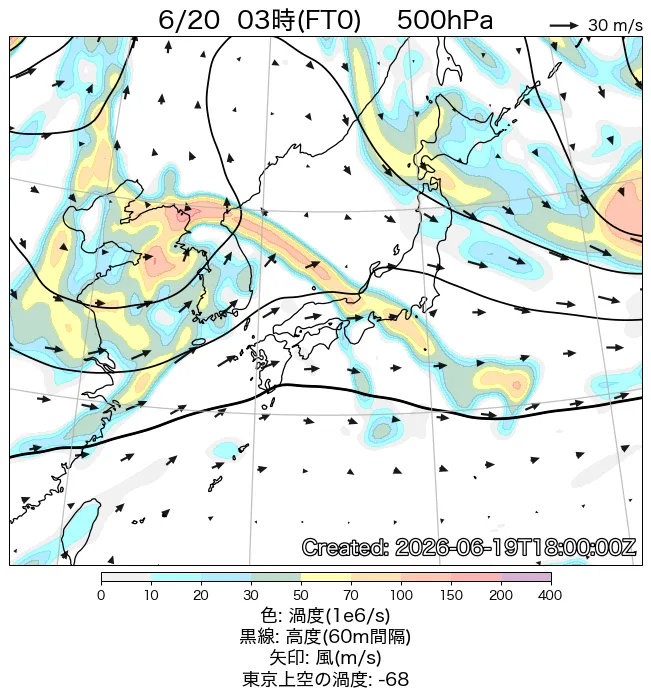 2026年6月20日の日本周辺の500hPa天気図（3時）