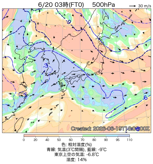 2026年6月20日の日本周辺の500hPa天気図（3時）