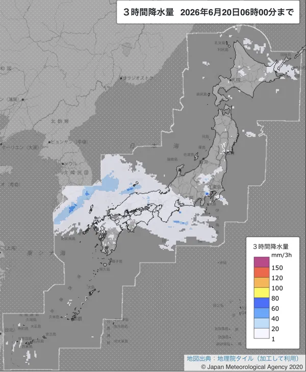 2026年6月20日3〜6時の日本周辺の3時間解析降水量
