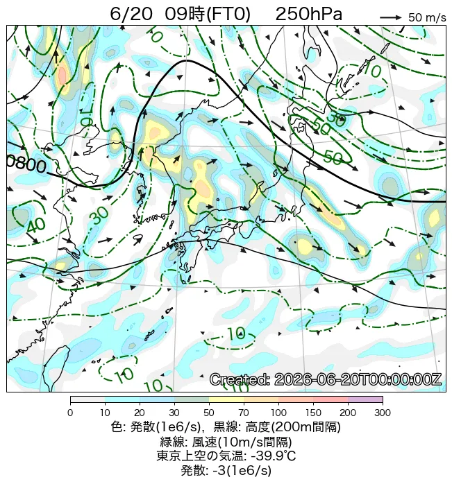2026年6月20日の日本周辺の250hPa天気図（9時）