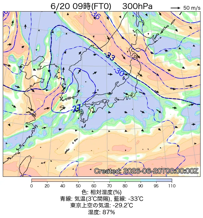 2026年6月20日の日本周辺の300hPa天気図（9時）