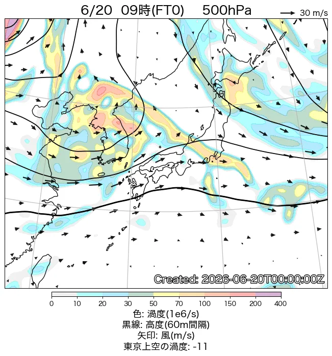 2026年6月20日の日本周辺の500hPa天気図（9時）