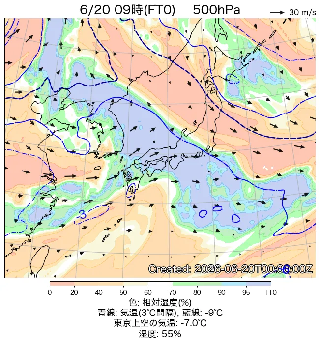 2026年6月20日の日本周辺の500hPa天気図（9時）