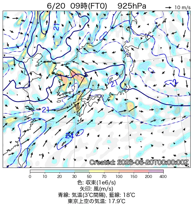 2026年6月20日の日本周辺の925hPa天気図（9時）