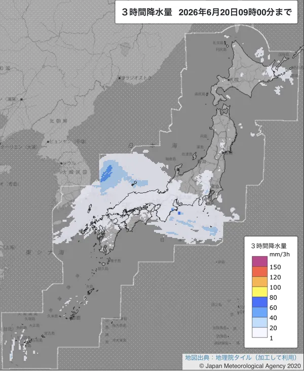 2026年6月20日6〜9時の日本周辺の3時間解析降水量