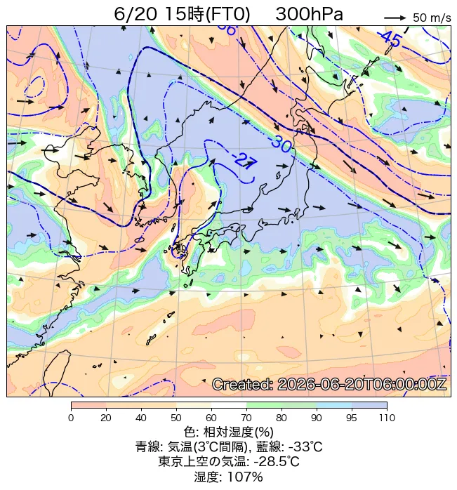 2026年6月20日の日本周辺の300hPa天気図（15時）