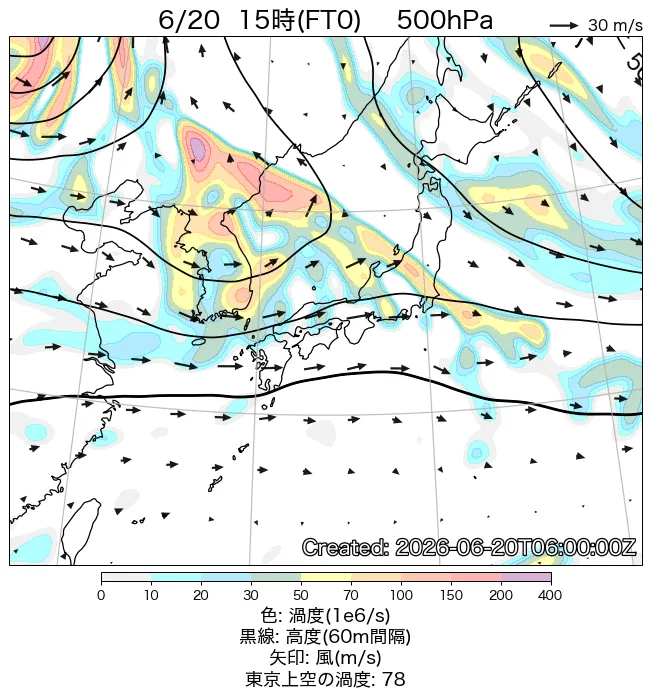 2026年6月20日の日本周辺の500hPa天気図（15時）