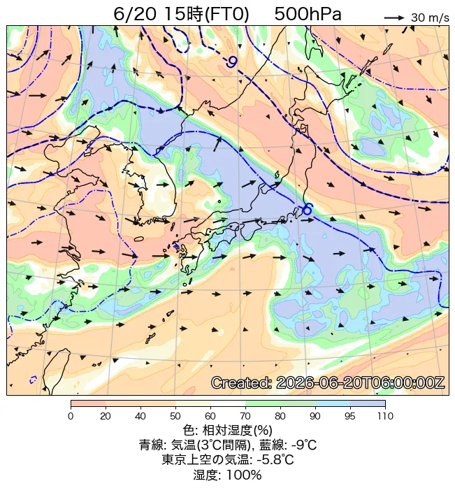 2026年6月20日の日本周辺の500hPa天気図（15時）