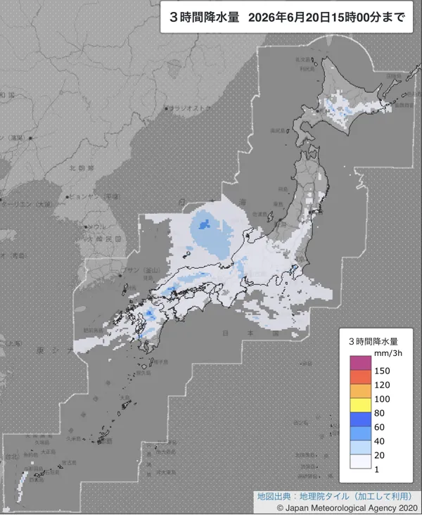 2026年6月20日12〜15時の日本周辺の3時間解析降水量